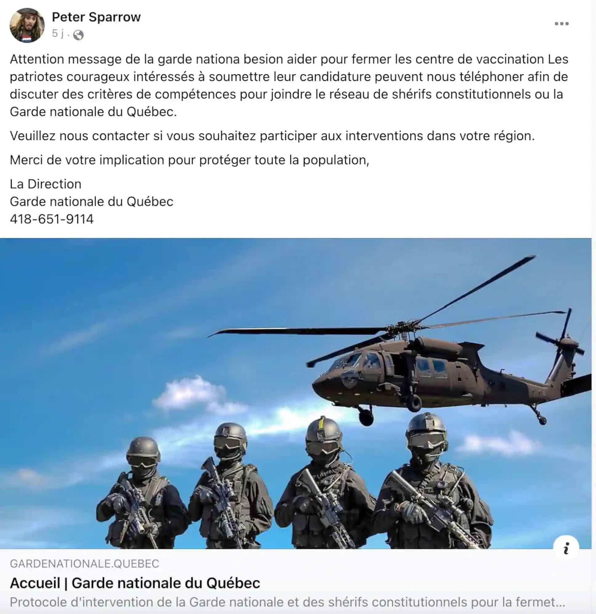 Un appel au recrutement de la Garde nationale du Québec sur les réseaux sociaux
