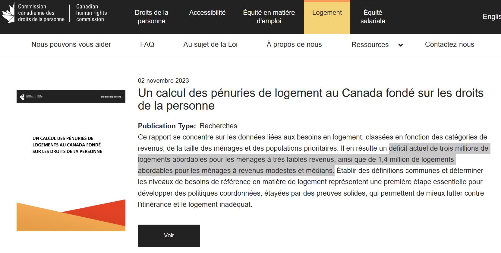 Extrait des “Statistiques sur le logement au Canada” publiées le 22 novembre 2023 et intitulées “Expériences en matière de logement au Canada : locataires vivant dans la pauvreté, personnes âgées locataires et immigrants récents locataires, 2021”.