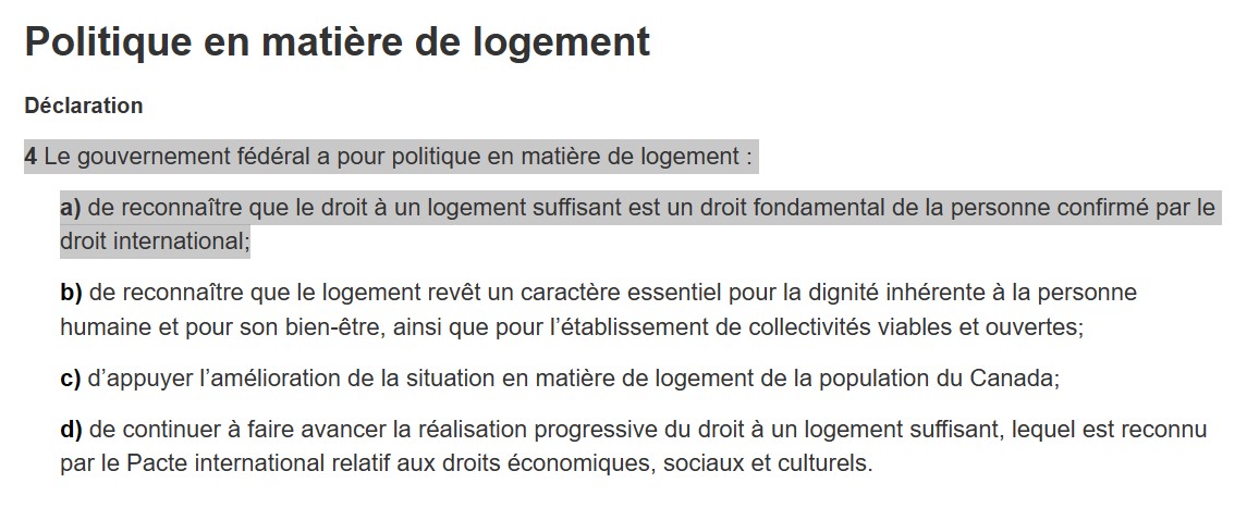 Extrait de la “Loi sur la stratégie nationale sur le logement” (L.C. 2019, ch. 29, art. 313) du gouvernement du Canada, sanctionnée le 21 juin 2019.