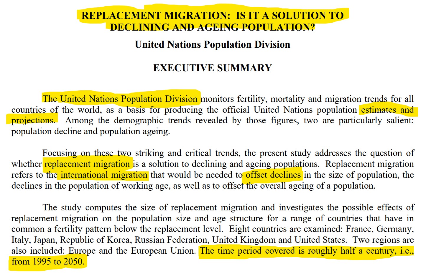 Replacement migration: is it a solution to declining and ageing populations?<br /><br />2000<br /><br />https://digitallibrary.un.org/record/412547<br /><br />https://filedn.com/lAbnr520WC4VIqzcB0lFhLB/documents/en/unpd-egm_200010_un_2001_replacementmigration.pdf