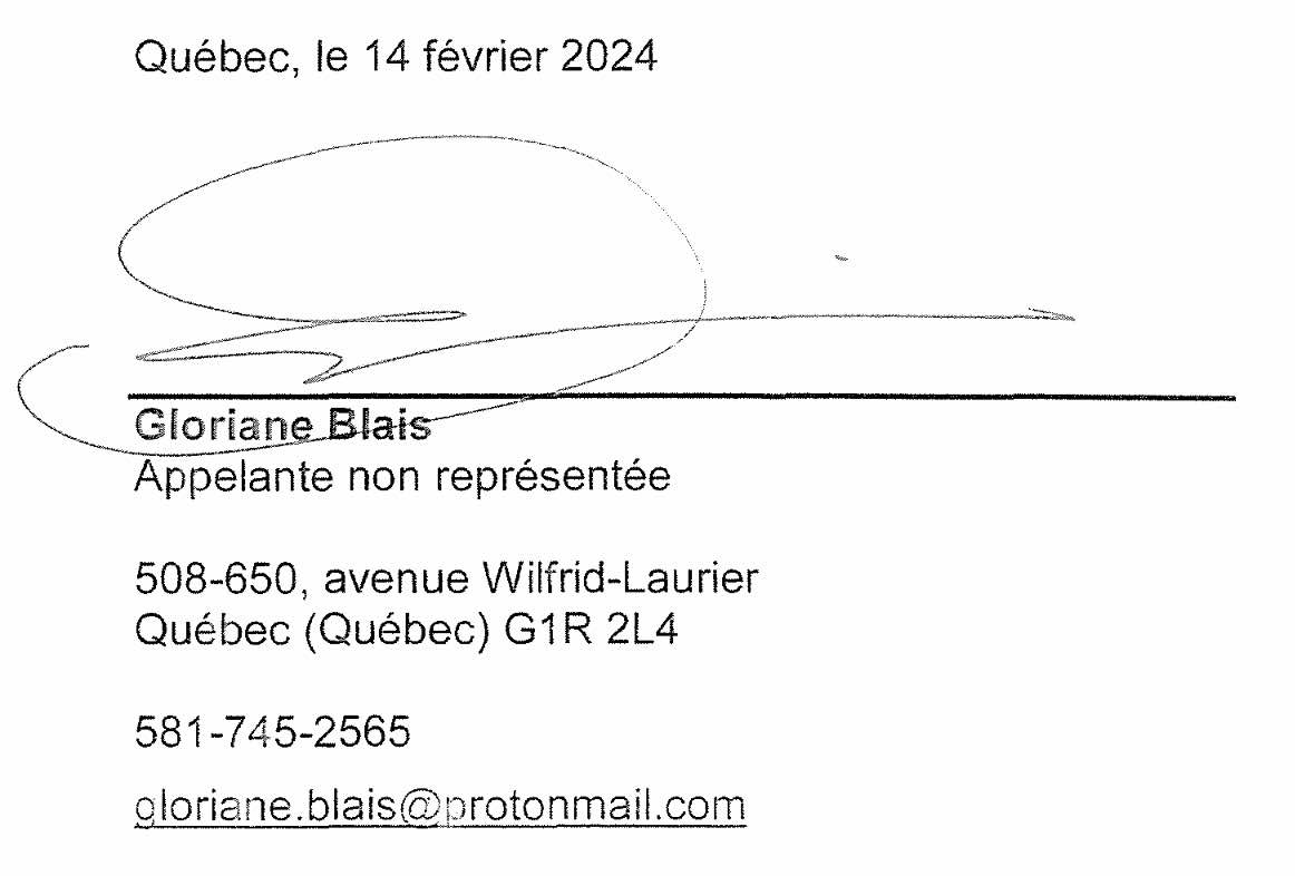 Signature de Gloriane Blais dans la Déclaration d'appel datée du 14 février 2024.<br /><br />https://app.docurium.ca/d/0ef38fe914ea4be88780/files/?p=%2F2_D%C3%A9claration%20d%27appel.PDF