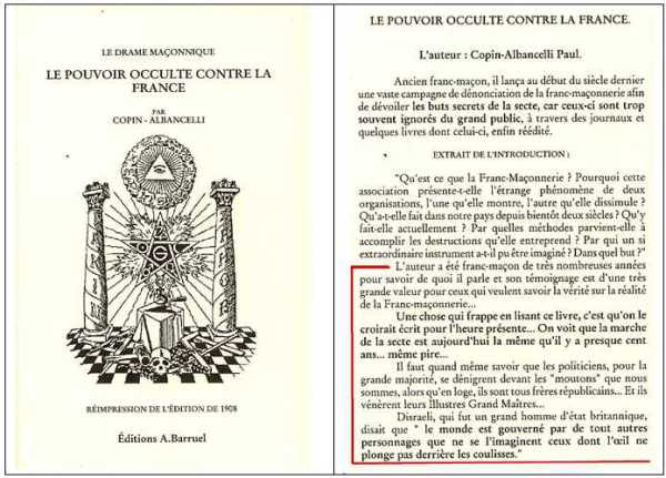 Qu'est ce que la Franc-Maçonnerie?<br /><br />Pourquoi cette association presente-t-elle T'étrange phénomène de deux organisations, l'une qu'elle montre, l'autre qu'elle dissimule?<br /><br />Qu'a-t-elle fait dans notre pays depuis bientot deux siècles?<br /><br />Qu'y fait-elle actuellement?<br /><br />Par quelles méthodes parvient-elle a accomplir les destructions qu'elle entreprend? Par qui un si extraordinaire instrument a-t-il pu être imaginé? Dans quel but?"<br /><br />L'auteur a été franc-maçon de très nombreuses années pour savoir de quoi il parle et son témoignage es d'une très dee aupas qui veulent avoir la vérité sur la réalité.<br /><br />Une chose qui frappe en lisant ce livre, c'est qu'on le croirait écrit pour l'heure présente... On voit que la marche de la secte est aujourd'hui la même qu'il y a presque cent ans. Même pire..<br /><br />Il faut quand méme savoir que les politiciens, pour la grande majorité, se dénigrent devant les "moutons" que nous sommes, alors qu'en loge, ils sont tous frères républicains... Et ils vénèrent leurs illustres Grand Maitres.<br /><br />Daraeli, qui fut un grand homme d'état britannique disait que "le monde est gouverné par de tout autres personnages que ne se l'imaginent ceux dont l'oeil ne plonge pas derrière les coulisses."