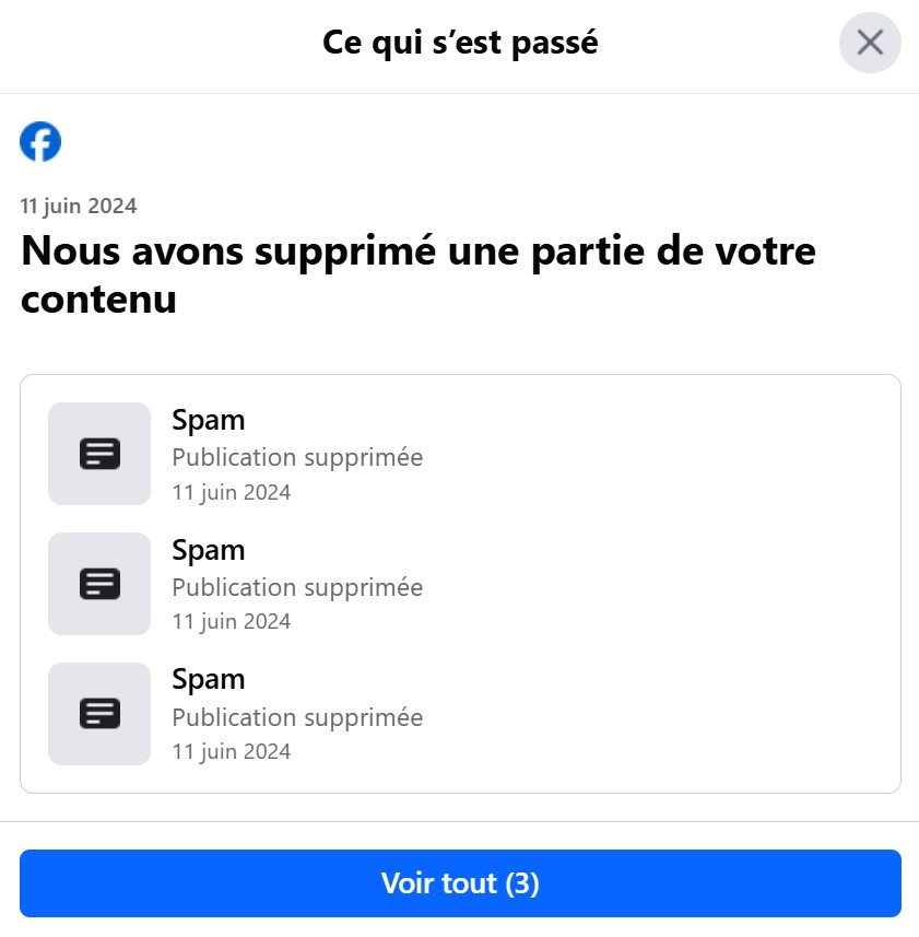 Voici un exemple de ce que m’a servi Facebook, le mardi 11 juin 2024, lorsque je me suis connecté à mon profil, le matin. De la censure pour me rappeler que la vérité n’a pas sa place dans la prison de Zuckerberg.