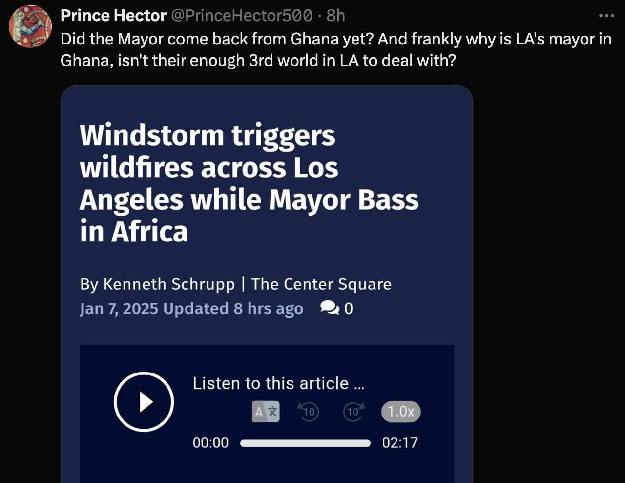 Did the Mayor come back from Ghana yet? And frankly why is LA's mayor in Ghana, isn't their enough 3rd world in LA to deal with?<br /><br />Source: https://x.com/PrinceHector500/status/1876904101629366672<br /><br />Traduction libre:<br /><br />La mairesse est-elle revenue du Ghana? Et franchement, pourquoi la mairesse de LA est-elle au Ghana? Il n'y a pas déjà assez de problèmes dignes du tiers-monde à gérer à Los Angeles?