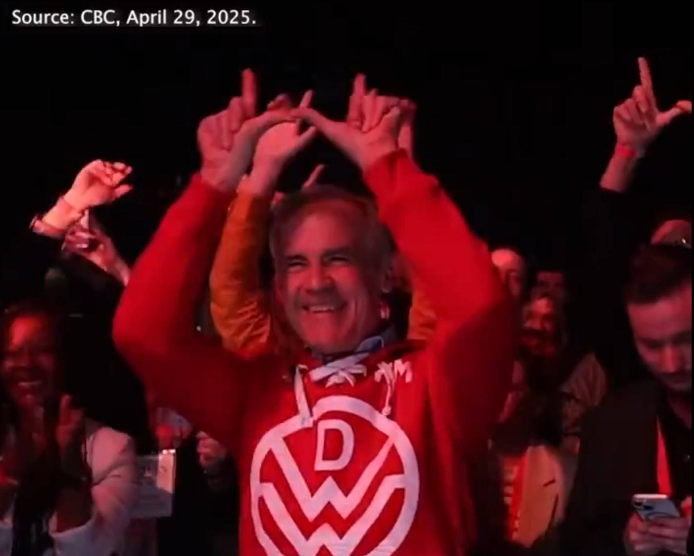 Pour voir Mark Carney qui danse avec ses doigts placés pour faire comme des cornes du diable, c'est ici, la CBC:<br /><br />https://www.cbc.ca/player/play/video/9.6740104<br /><br />Et ça a été repris par Canada Proud, aussi:<br /><br />https://x.com/WeAreCanProud/status/1917724396476944679<br /><br />-- --<br /><br />Le "D W W" sur le chandail de Mark Carney fait référence à "Drake", un célèbre rappeur canadien, et à son album "Dark Lane Demo Tapes" (sorti en 2020), souvent abrégé en "DLDT".<br /><br />Les lettres sur le chandail reprennent le style du logo de Drake, qui utilise parfois des designs similaires pour représenter son nom ou ses projets.<br /><br />Mark Carney, un économiste et ancien gouverneur de la Banque du Canada, portait ce chandail lors d'un événement pour montrer un côté plus décontracté et connecter avec un public plus jeune, probablement en lien avec la culture pop canadienne.