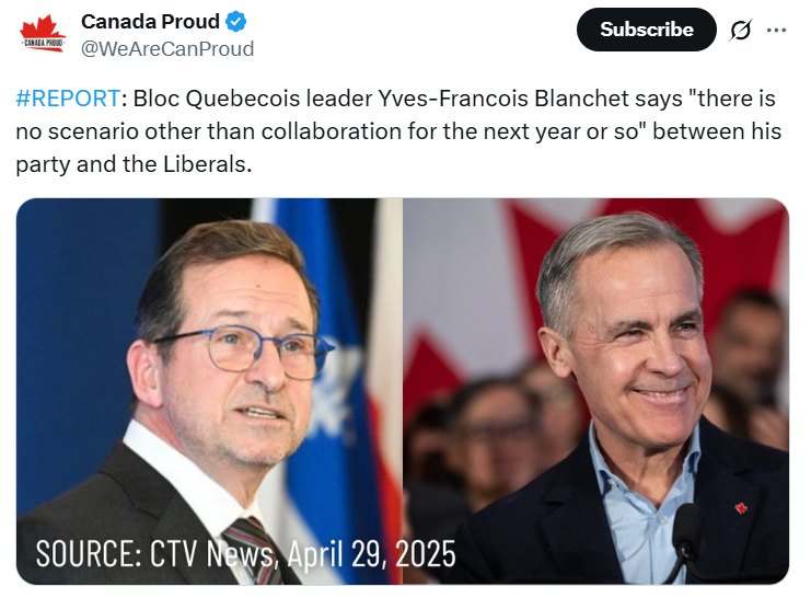 Source: https://www.facebook.com/LibertyDispatchCanada/posts/pfbid02rfyFmSTxvsNGtnrPddmcBF2qt3ztc15wDGdd9Hd1bnvFd1ZaAfqFTa9pHEza1g4fl<br /><br />Ainsi que...<br /><br />https://x.com/WeAreCanProud/status/1917301611099218224