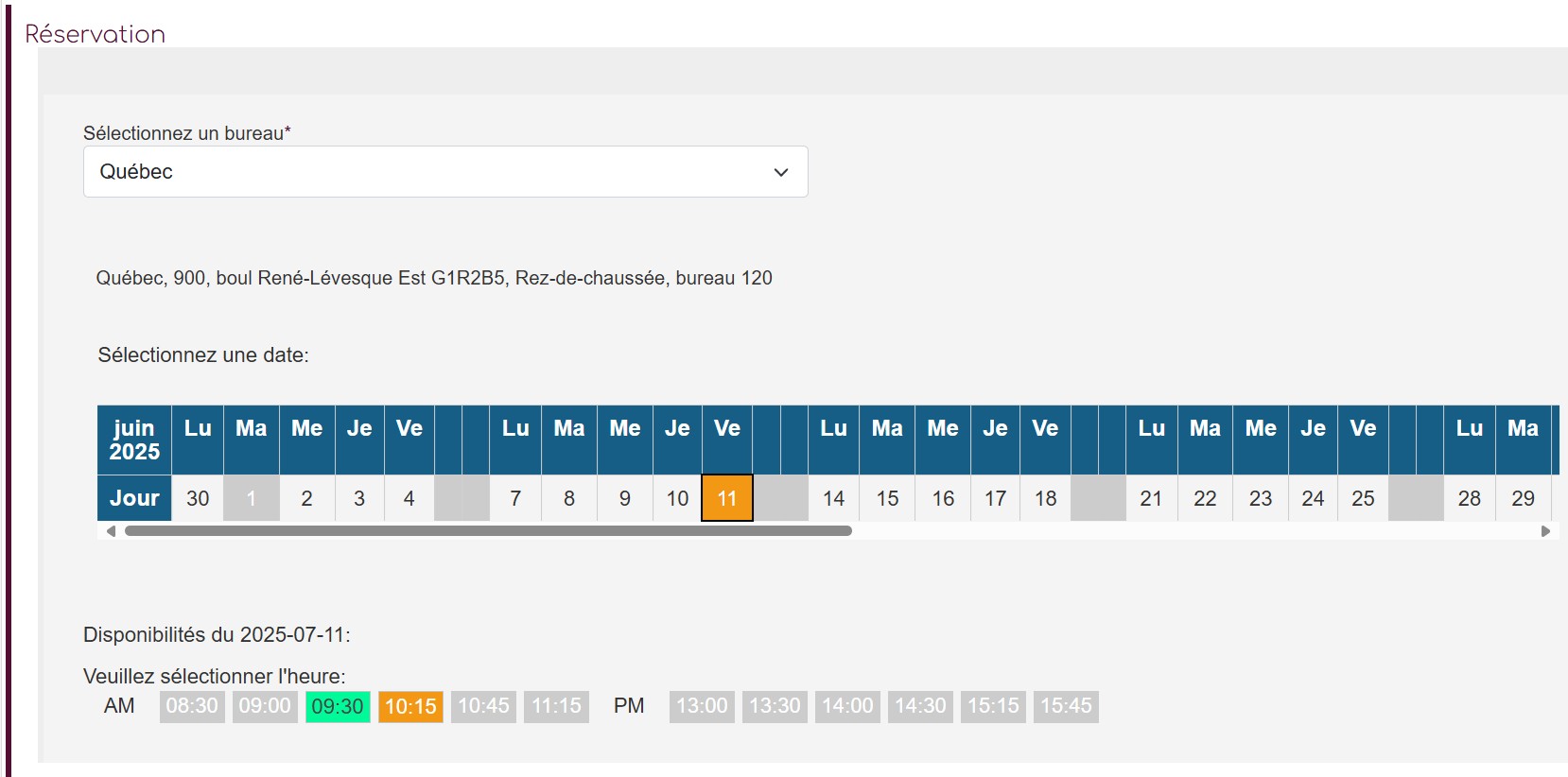 Exemple de l'absence de disponibilités pour un appel avant 11 jours d'attente.
