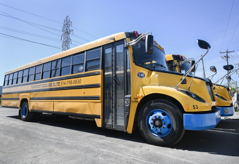 Des autobus scolaires électriques Lion sont stationnés au dépôt Autobus Beaconsfield-Scolaire Élite à Montréal, le vendredi 12 septembre 2025, après que le gouvernement ait retiré les autobus électriques de la circulation dans la province à la suite d'un incendie. (LA PRESSE CANADIENNE/Graham Hughes) -- © La Presse Canadienne