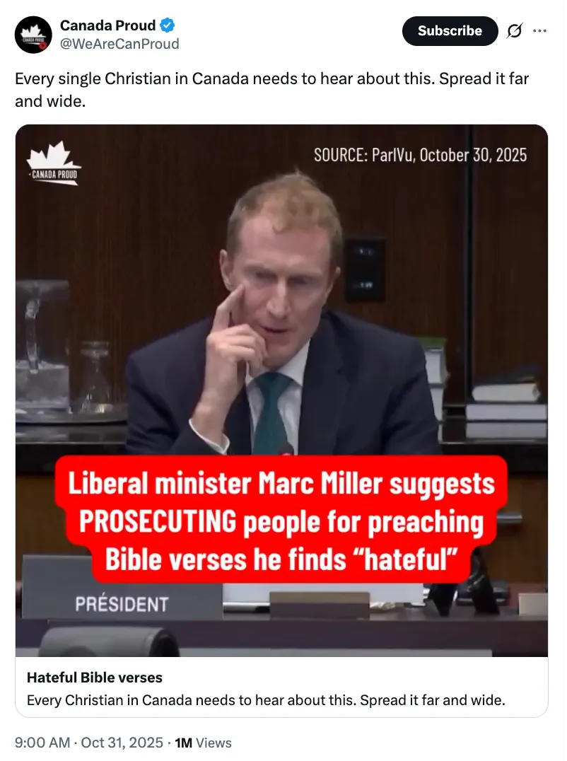 Source: https://www.junonews.com/p/miller-moves-to-muzzle-hateful-religious<br /><br />Référence: https://x.com/WeAreCanProud/status/1984274310341488947