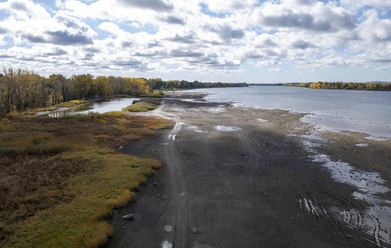 Le niveau de l'eau est bas sur cette vue aérienne du rivage de Boucherville, en banlieue de Montréal, sur la rive sud du fleuve Saint-Laurent, le mercredi 8 octobre 2025. LA PRESSE CANADIENNE/Christinne Muschi -- © La Presse Canadienne