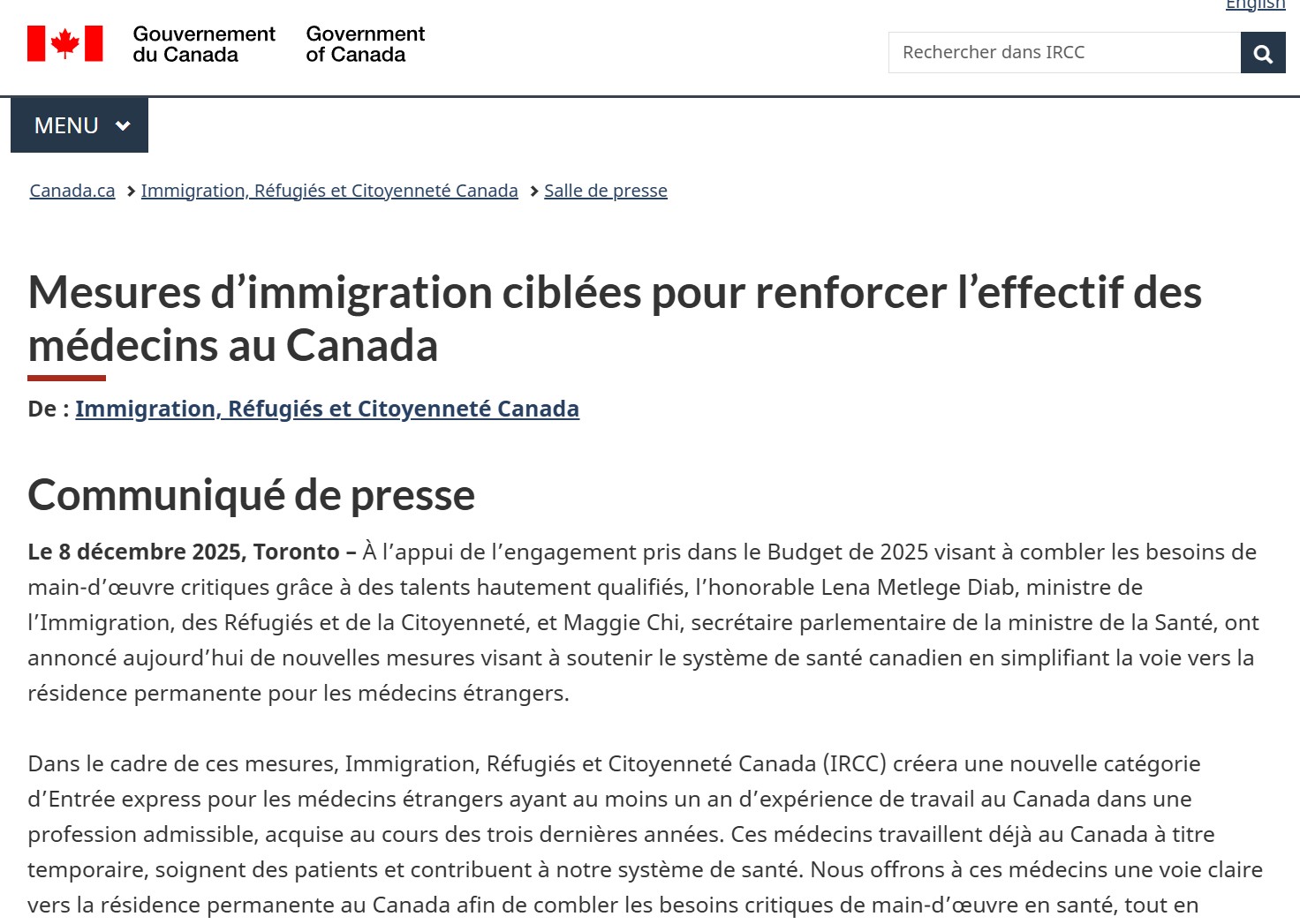 Source: https://www.canada.ca/fr/immigration-refugies-citoyennete/nouvelles/2025/12/mesures-dimmigration-ciblees-pour-renforcer-leffectif-des-medecins-au-canada.html