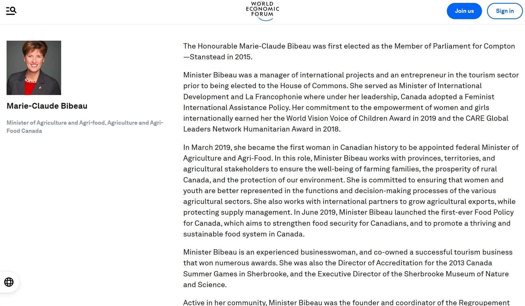 Source: https://www.weforum.org/people/marie-claude-bibeau/