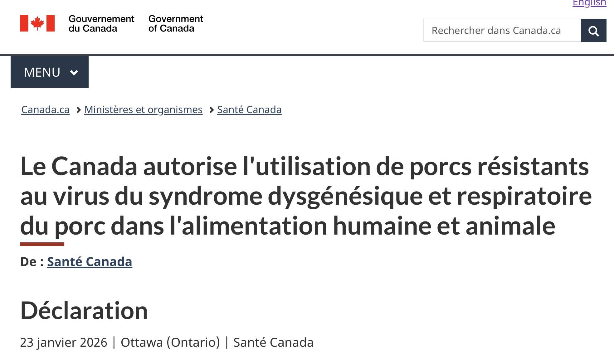 Source: https://www.canada.ca/fr/sante-canada/nouvelles/2026/01/le-canada-autorise-lutilisation-de-porcs-resistants-au-virus-du-syndrome-dysgenesique-et-respiratoire-du-porc-dans-lalimentation-humaine-et-animale.html