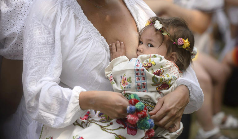 Une femme allaite sa fille lors d'un événement promouvant la liberté des mères d'allaiter en public, pendant la Semaine mondiale de l'allaitement maternel au Musée du Village de Bucarest, en Roumanie, le samedi 6 août 2016. (Photo AP/Andreea Alexandru) -- © La Presse Canadienne