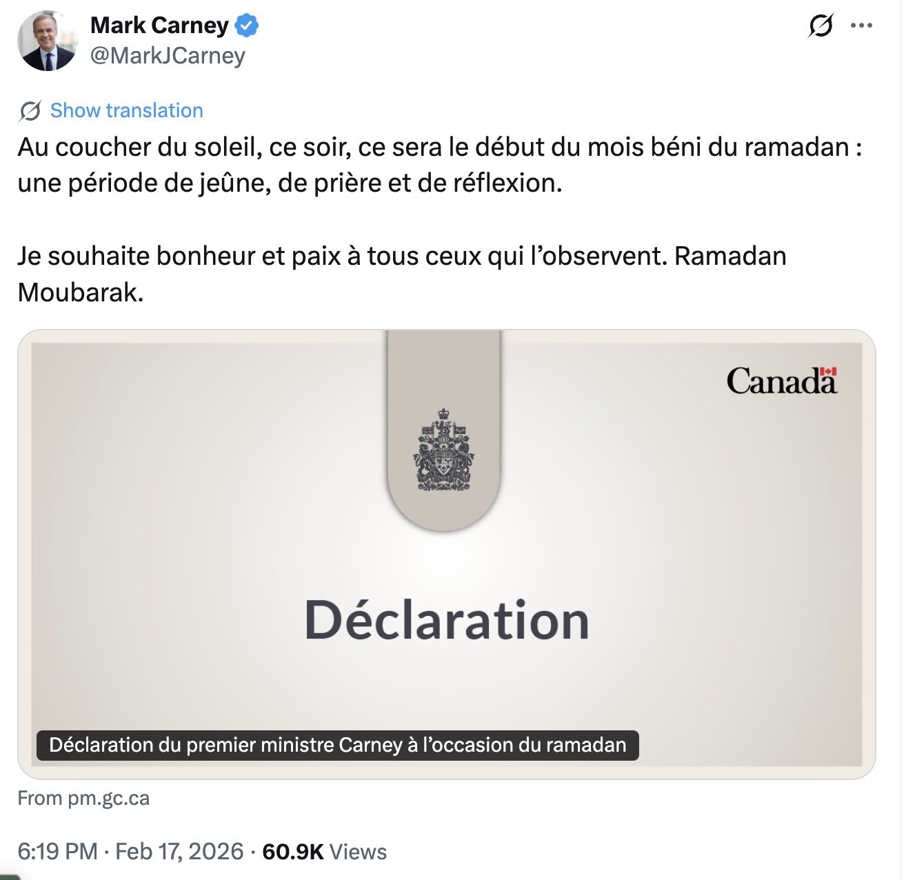 Source: https://x.com/MarkJCarney/status/2023900208078180600<br /><br />Et en anglais: https://x.com/MarkJCarney/status/2023900257965191501