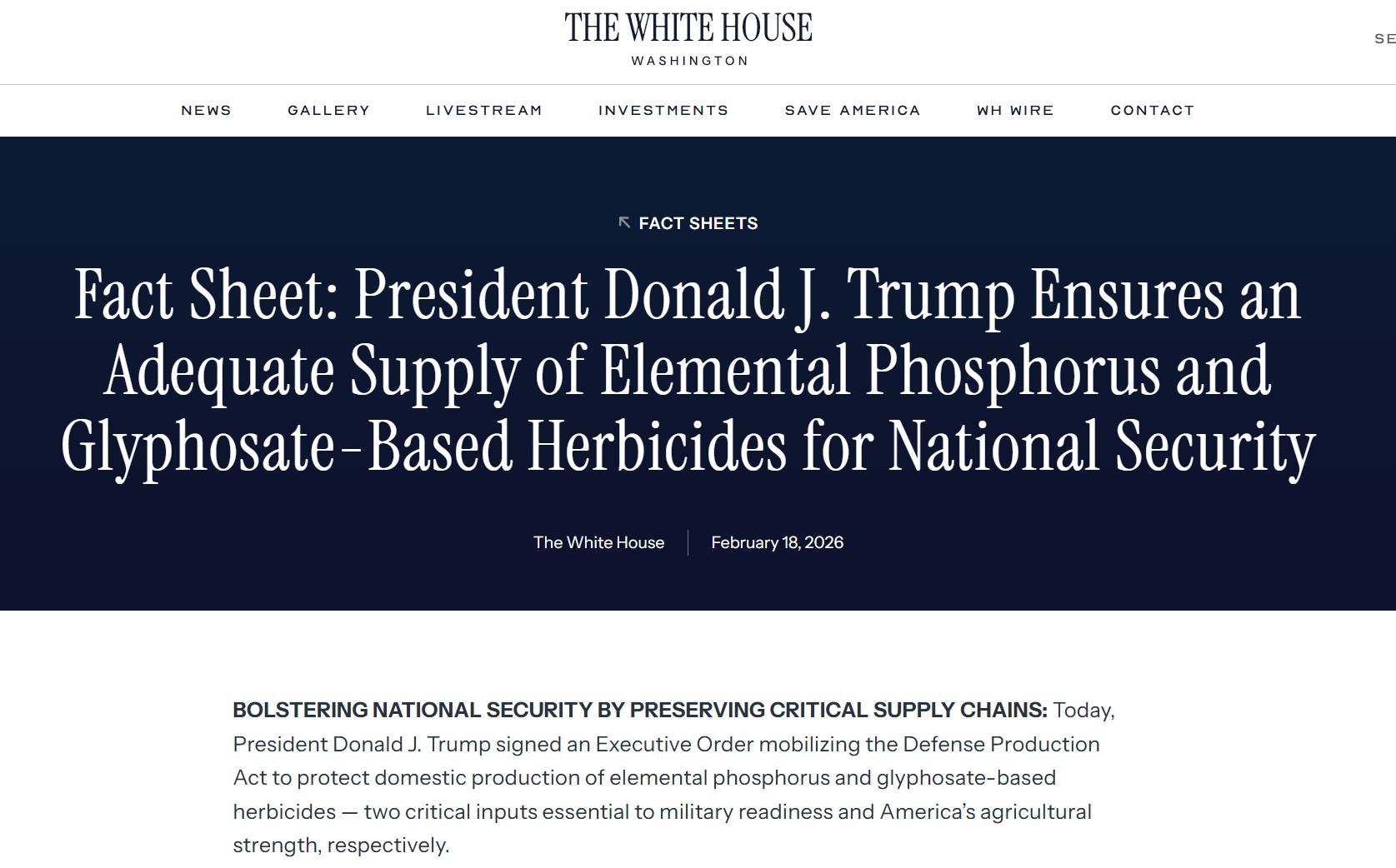 Source: https://www.whitehouse.gov/fact-sheets/2026/02/fact-sheet-president-donald-j-trump-ensures-an-adequate-supply-of-elemental-phosphorus-and-glyphosate-based-herbicides-for-national-security/