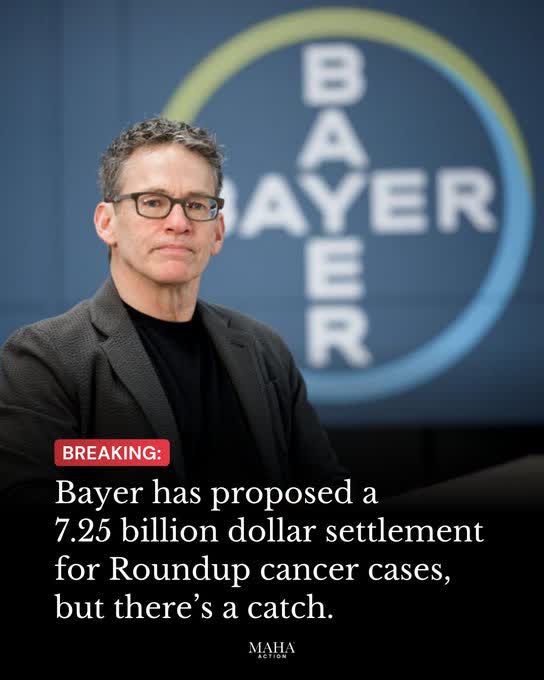 Bayer vient de proposer un règlement de 7,25 MILLIARDS de dollars concernant les cas de cancer du glyphosate/Roundup.<br /><br />Pourtant, nous en avons encore partout dans notre réserve alimentaire.<br /><br />Même si elle est interdite dans de nombreux pays pour des raisons de santé.<br /><br />Source: https://x.com/robertlufkinmd/status/2024127580203348049