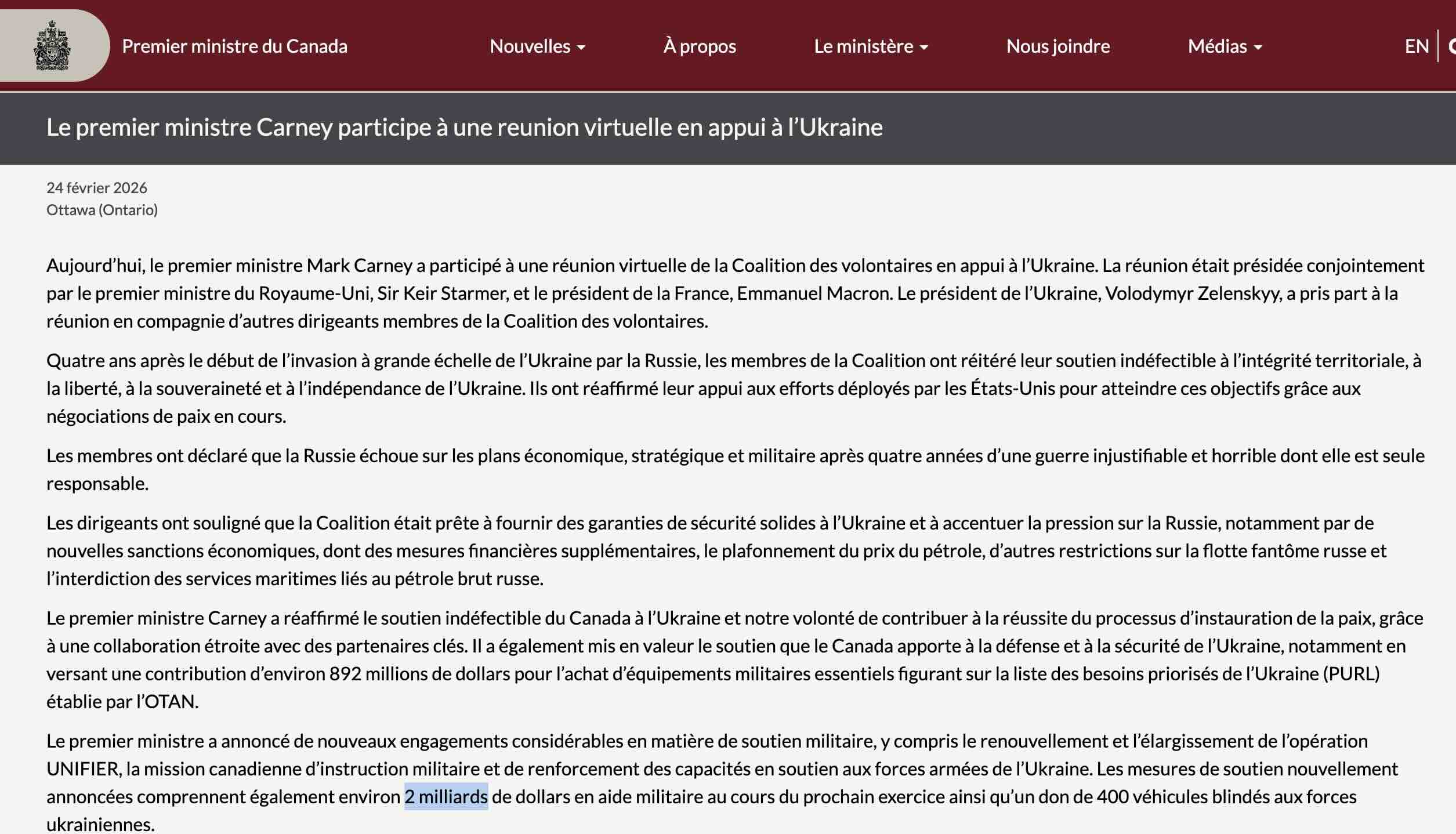 Source: https://www.pm.gc.ca/fr/nouvelles/comptes-rendus/2026/02/24/premier-ministre-carney-participe-reunion-virtuelle-appui