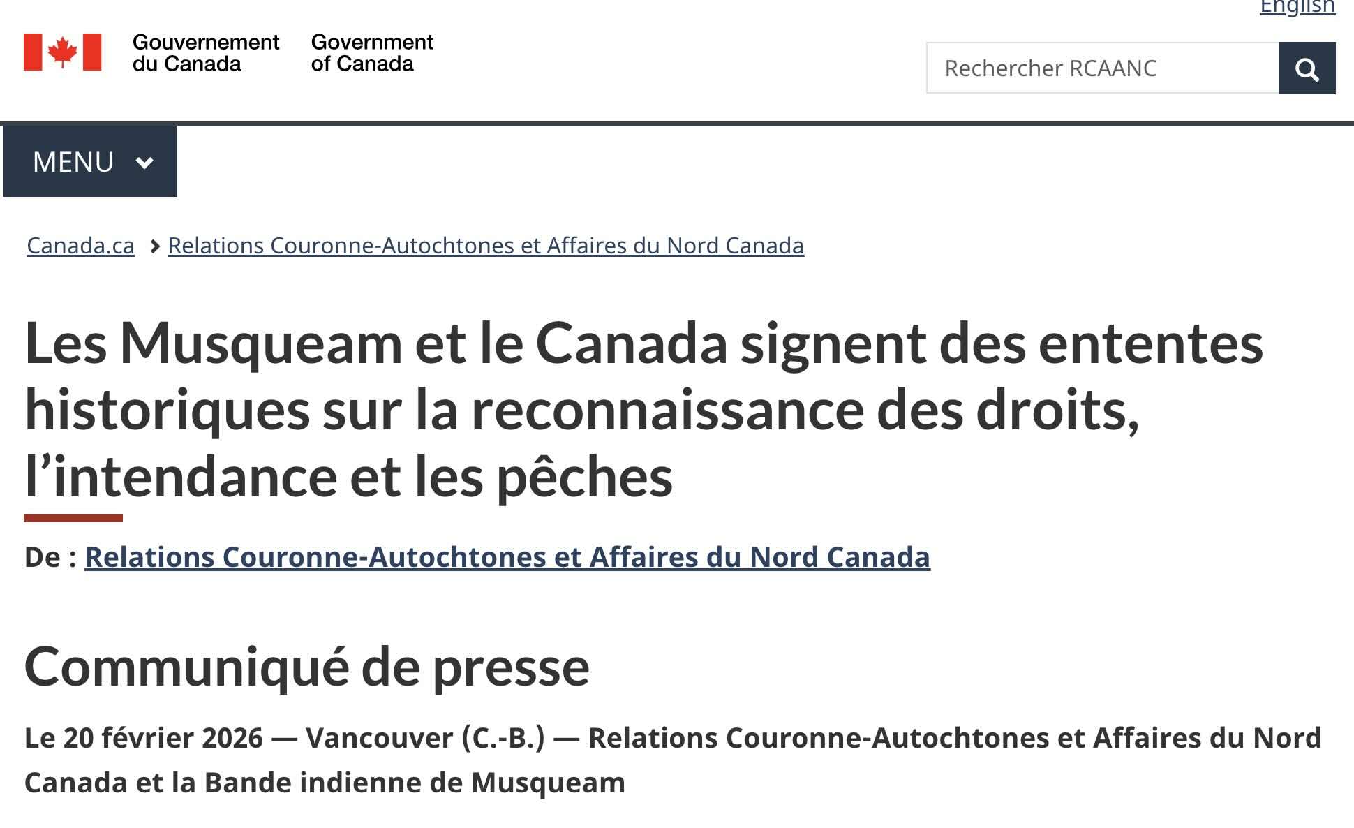 Source: https://www.canada.ca/fr/relations-couronne-autochtones-affaires-nord/nouvelles/2026/02/les-musqueam-et-le-canada-signent-des-ententes-historiques-sur-la-reconnaissance-des-droits-lintendance-et-les-peches.html