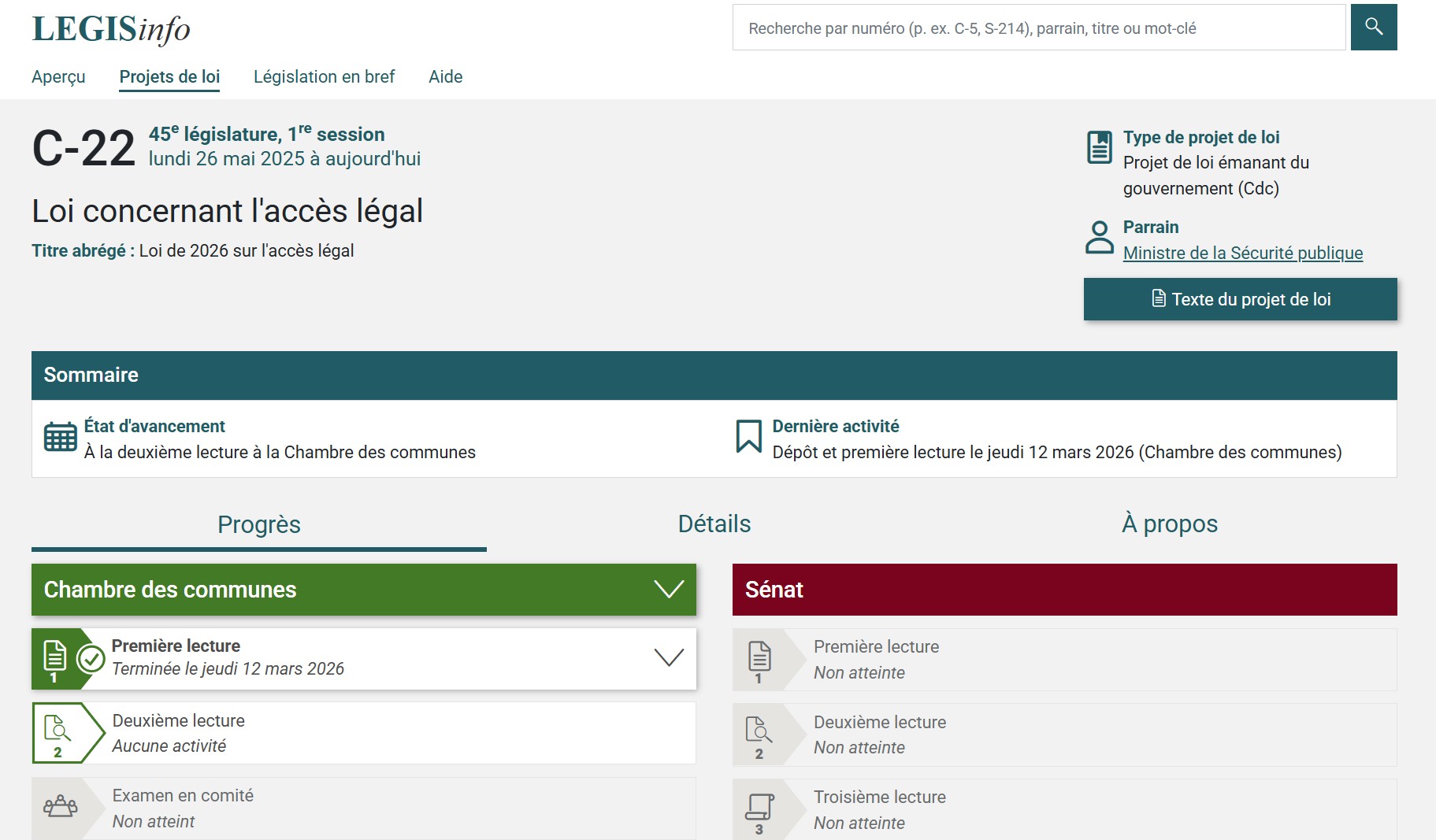 Source: https://www.parl.ca/legisinfo/fr/projet-de-loi/45-1/c-22?view=progress