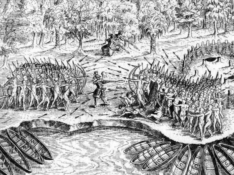 Une représentation de la première rencontre de Samuel de Champlain avec les Iroquois (Mohawks) en 1609, une escarmouche en forêt sur le futur lac Champlain, incluant des chaloupes fantaisistes plutôt que des canots. Photo de Samuel de Champlain / Archives nationales du Canada.<br /><br />Source: https://nationalpost.com/opinion/opinion-canada-wasnt-stolen-from-indigenous-people