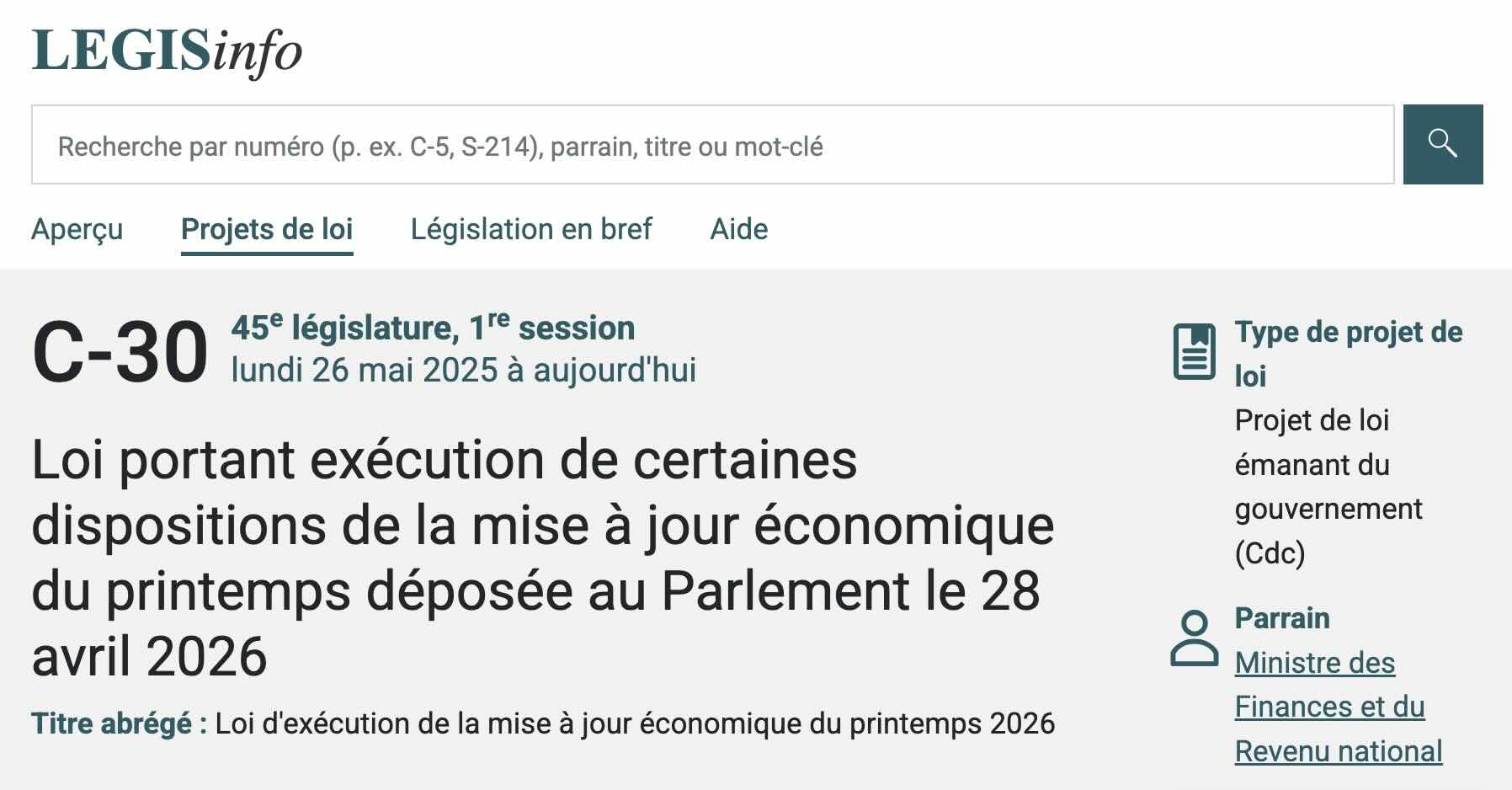 Source: https://www.parl.ca/legisinfo/fr/projet-de-loi/45-1/c-30