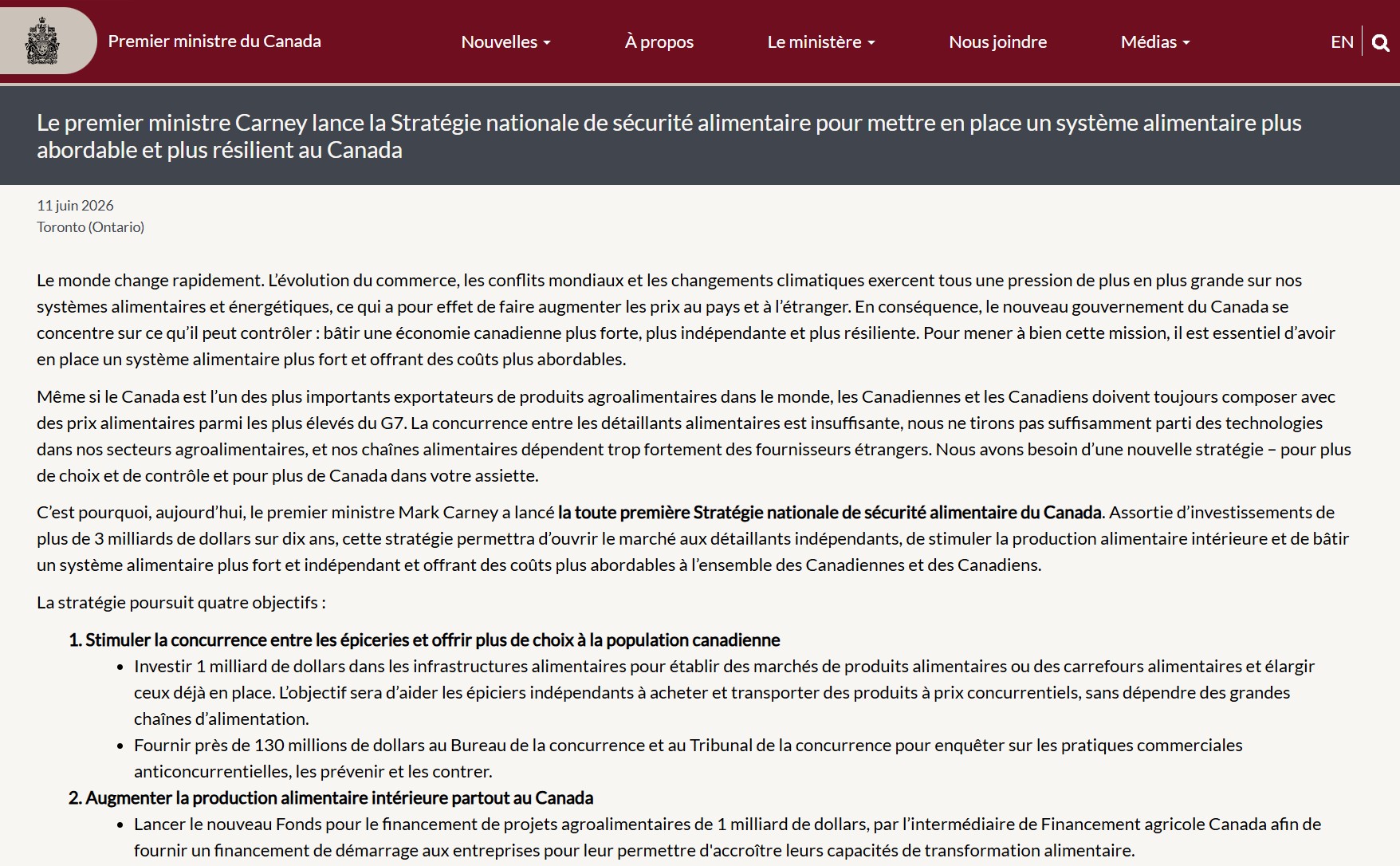 Source: https://www.pm.gc.ca/fr/nouvelles/communiques/2026/06/11/premier-ministre-carney-lance-la-strategie-nationale-de-securite-alimentaire