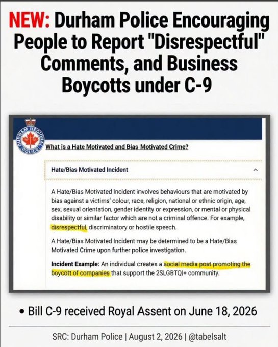 Source: https://x.com/Tablesalt13/status/2083934559213699147<br /><br />Le contenu de la page de la police de Durham correspond exactement aux captures d’écran diffusées récemment sur les réseaux sociaux, confirmant que l’exemple du boycott et la mention des discours « irrespectueux » font partie de la politique officielle du service.<br /><br />Référence: https://www.drps.ca/community-safety-and-support/hate-crime/