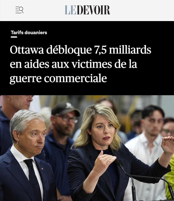 Source: https://x.com/MarkJCarney/status/2092388961314336939<br /><br />Référence: https://www.ledevoir.com/politique/canada/1003970/ottawa-debloque-7-5-milliards-aides-entreprises-travailleurs-touchees-tarifs