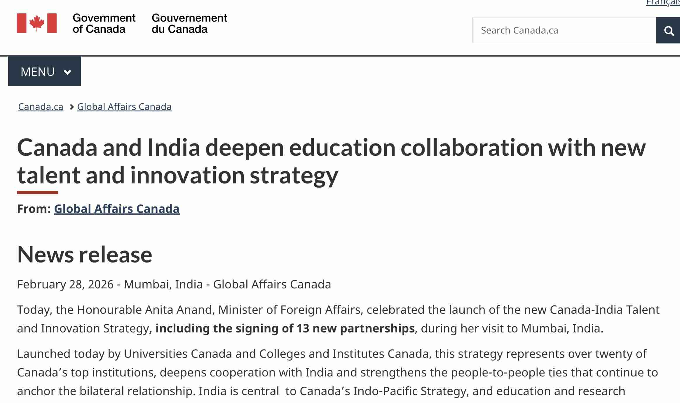 Source: https://www.canada.ca/en/global-affairs/news/2026/02/canada-and-india-deepen-education-collaboration-with-new-talent-and-innovation-strategy.html