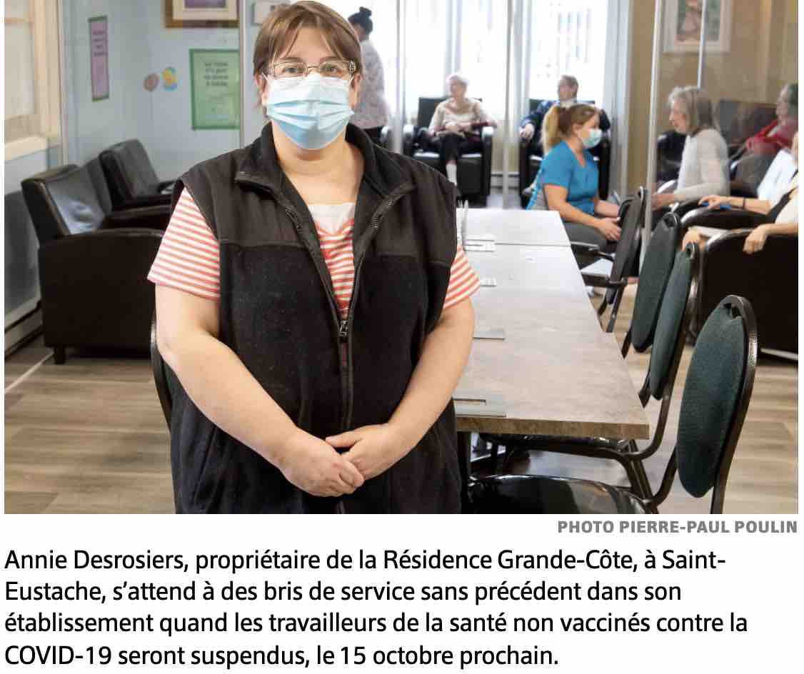 PHOTO PIERRE-PAUL POULIN -- Annie Desrosiers, propriétaire de la Résidence Grande-Côte, à Saint-Eustache, s’attend à des bris de service sans précédent dans son établissement quand les travailleurs de la santé non vaccinés contre la COVID-19 seront suspendus, le 15 octobre prochain.
